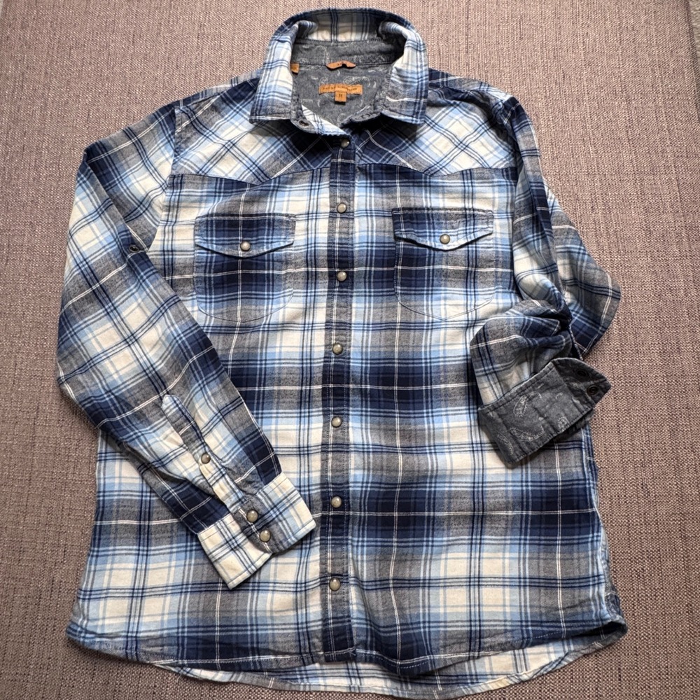 Jachs Girlfriend Blue Plaid Flannel Western Pearl Snap Roll Tab Shirt Womens M